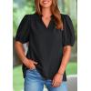 imagePRETTYGARDEN Womens Casual Summer Tops 2025 V Neck Short Puff Sleeve Pleated Cotton T Shirts Loose Dressy BlousesBlack