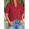 imagePRETTYGARDEN Womens Casual Summer Tops 2025 V Neck Short Puff Sleeve Pleated Cotton T Shirts Loose Dressy BlousesDark Red