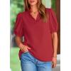 imagePRETTYGARDEN Womens Casual Summer Tops 2025 V Neck Short Puff Sleeve Pleated Cotton T Shirts Loose Dressy BlousesDark Red