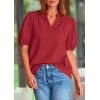 imagePRETTYGARDEN Womens Casual Summer Tops 2025 V Neck Short Puff Sleeve Pleated Cotton T Shirts Loose Dressy BlousesDark Red