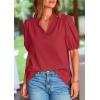imagePRETTYGARDEN Womens Casual Summer Tops 2025 V Neck Short Puff Sleeve Pleated Cotton T Shirts Loose Dressy BlousesDark Red