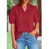 imagePRETTYGARDEN Womens Casual Summer Tops 2025 V Neck Short Puff Sleeve Pleated Cotton T Shirts Loose Dressy BlousesDark Red