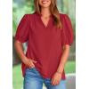 imagePRETTYGARDEN Womens Casual Summer Tops 2025 V Neck Short Puff Sleeve Pleated Cotton T Shirts Loose Dressy BlousesDark Red
