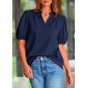 imagePRETTYGARDEN Womens Casual Summer Tops 2025 V Neck Short Puff Sleeve Pleated Cotton T Shirts Loose Dressy BlousesNavy