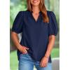 imagePRETTYGARDEN Womens Casual Summer Tops 2025 V Neck Short Puff Sleeve Pleated Cotton T Shirts Loose Dressy BlousesNavy
