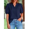 imagePRETTYGARDEN Womens Casual Summer Tops 2025 V Neck Short Puff Sleeve Pleated Cotton T Shirts Loose Dressy BlousesNavy