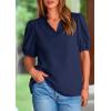 imagePRETTYGARDEN Womens Casual Summer Tops 2025 V Neck Short Puff Sleeve Pleated Cotton T Shirts Loose Dressy BlousesNavy