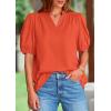 imagePRETTYGARDEN Womens Casual Summer Tops 2025 V Neck Short Puff Sleeve Pleated Cotton T Shirts Loose Dressy BlousesOrange Red