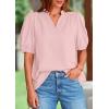 imagePRETTYGARDEN Womens Casual Summer Tops 2025 V Neck Short Puff Sleeve Pleated Cotton T Shirts Loose Dressy BlousesPink