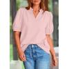 imagePRETTYGARDEN Womens Casual Summer Tops 2025 V Neck Short Puff Sleeve Pleated Cotton T Shirts Loose Dressy BlousesPink
