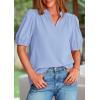 imagePRETTYGARDEN Womens Casual Summer Tops 2025 V Neck Short Puff Sleeve Pleated Cotton T Shirts Loose Dressy BlousesSky Blue