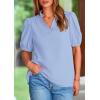 imagePRETTYGARDEN Womens Casual Summer Tops 2025 V Neck Short Puff Sleeve Pleated Cotton T Shirts Loose Dressy BlousesSky Blue