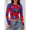 imagePRETTYGARDEN Womens Mesh Long Sleeve Top 2025 Trendy Fall See Through Sheer Blouse Leopard Fitted Going Out Layering ShirtsFloral Navy Red