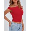 imagePRETTYGARDEN Womens Off Shoulder Tops 2025 Summer Trendy Casual Crop Top Cute Fitted Going Out Tshirts ShirtsRed