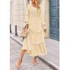 imagePRETTYGARDEN Womens Smocked Maxi Dress 2025 Fall Casual Long Sleeve Swiss Dot Ruffle Long Flowy Wedding Guest DressesBeige
