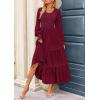 imagePRETTYGARDEN Womens Smocked Maxi Dress 2025 Fall Casual Long Sleeve Swiss Dot Ruffle Long Flowy Wedding Guest DressesWine Red