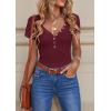 imagePRETTYGARDEN Womens Summer Casual Henley TShirts Short Sleeve V Neck Button Up Ribbed Knit Slim Fit Basic TopsRed