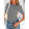 imagePRETTYGARDEN Womens Summer Puff Sleeve Tops Casual Ribbed Knit Crop Top Color Block Trendy Crewneck Striped ShirtsBlack