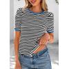 imagePRETTYGARDEN Womens Summer Puff Sleeve Tops Casual Ribbed Knit Crop Top Color Block Trendy Crewneck Striped ShirtsBlack