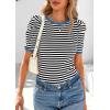 imagePRETTYGARDEN Womens Summer Puff Sleeve Tops Casual Ribbed Knit Crop Top Color Block Trendy Crewneck Striped ShirtsBlack