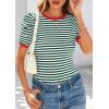 imagePRETTYGARDEN Womens Summer Puff Sleeve Tops Casual Ribbed Knit Crop Top Color Block Trendy Crewneck Striped ShirtsGreen