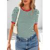 imagePRETTYGARDEN Womens Summer Puff Sleeve Tops Casual Ribbed Knit Crop Top Color Block Trendy Crewneck Striped ShirtsGreen