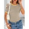 imagePRETTYGARDEN Womens Summer Puff Sleeve Tops Casual Ribbed Knit Crop Top Color Block Trendy Crewneck Striped ShirtsKhaki