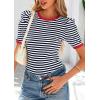 imagePRETTYGARDEN Womens Summer Puff Sleeve Tops Casual Ribbed Knit Crop Top Color Block Trendy Crewneck Striped ShirtsNavy