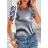 imagePRETTYGARDEN Womens Summer Puff Sleeve Tops Casual Ribbed Knit Crop Top Color Block Trendy Crewneck Striped ShirtsNavy