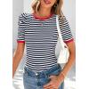 imagePRETTYGARDEN Womens Summer Puff Sleeve Tops Casual Ribbed Knit Crop Top Color Block Trendy Crewneck Striped ShirtsNavy