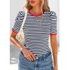imagePRETTYGARDEN Womens Summer Puff Sleeve Tops Casual Ribbed Knit Crop Top Color Block Trendy Crewneck Striped ShirtsNavy
