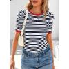 imagePRETTYGARDEN Womens Summer Puff Sleeve Tops Casual Ribbed Knit Crop Top Color Block Trendy Crewneck Striped ShirtsNavy
