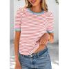 imagePRETTYGARDEN Womens Summer Puff Sleeve Tops Casual Ribbed Knit Crop Top Color Block Trendy Crewneck Striped ShirtsPink