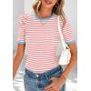 imagePRETTYGARDEN Womens Summer Puff Sleeve Tops Casual Ribbed Knit Crop Top Color Block Trendy Crewneck Striped ShirtsPink