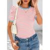 imagePRETTYGARDEN Womens Summer Puff Sleeve Tops Casual Ribbed Knit Crop Top Color Block Trendy Crewneck Striped ShirtsPink