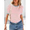 imagePRETTYGARDEN Womens Summer Puff Sleeve Tops Casual Ribbed Knit Crop Top Color Block Trendy Crewneck Striped ShirtsPink
