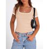 imagePRETTYGARDEN Womens Summer Short Sleeve T Shirts Ribbed Knit Square Neck Color Block Slim Fit Basic Casual Crop Tops BlousesApricot