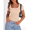 imagePRETTYGARDEN Womens Summer Short Sleeve T Shirts Ribbed Knit Square Neck Color Block Slim Fit Basic Casual Crop Tops BlousesApricot
