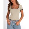 imagePRETTYGARDEN Womens Summer Short Sleeve T Shirts Ribbed Knit Square Neck Color Block Slim Fit Basic Casual Crop Tops BlousesBeige