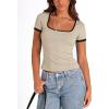imagePRETTYGARDEN Womens Summer Short Sleeve T Shirts Ribbed Knit Square Neck Color Block Slim Fit Basic Casual Crop Tops BlousesBeige