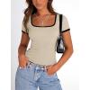 imagePRETTYGARDEN Womens Summer Short Sleeve T Shirts Ribbed Knit Square Neck Color Block Slim Fit Basic Casual Crop Tops BlousesBeige