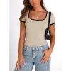 imagePRETTYGARDEN Womens Summer Short Sleeve T Shirts Ribbed Knit Square Neck Color Block Slim Fit Basic Casual Crop Tops BlousesBeige
