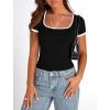 imagePRETTYGARDEN Womens Summer Short Sleeve T Shirts Ribbed Knit Square Neck Color Block Slim Fit Basic Casual Crop Tops BlousesBlack