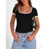 imagePRETTYGARDEN Womens Summer Short Sleeve T Shirts Ribbed Knit Square Neck Color Block Slim Fit Basic Casual Crop Tops BlousesBlack