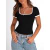 imagePRETTYGARDEN Womens Summer Short Sleeve T Shirts Ribbed Knit Square Neck Color Block Slim Fit Basic Casual Crop Tops BlousesBlack
