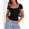 imagePRETTYGARDEN Womens Summer Short Sleeve T Shirts Ribbed Knit Square Neck Color Block Slim Fit Basic Casual Crop Tops BlousesBlack