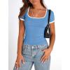 imagePRETTYGARDEN Womens Summer Short Sleeve T Shirts Ribbed Knit Square Neck Color Block Slim Fit Basic Casual Crop Tops BlousesBlue