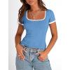 imagePRETTYGARDEN Womens Summer Short Sleeve T Shirts Ribbed Knit Square Neck Color Block Slim Fit Basic Casual Crop Tops BlousesBlue