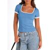 imagePRETTYGARDEN Womens Summer Short Sleeve T Shirts Ribbed Knit Square Neck Color Block Slim Fit Basic Casual Crop Tops BlousesBlue