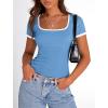 imagePRETTYGARDEN Womens Summer Short Sleeve T Shirts Ribbed Knit Square Neck Color Block Slim Fit Basic Casual Crop Tops BlousesBlue